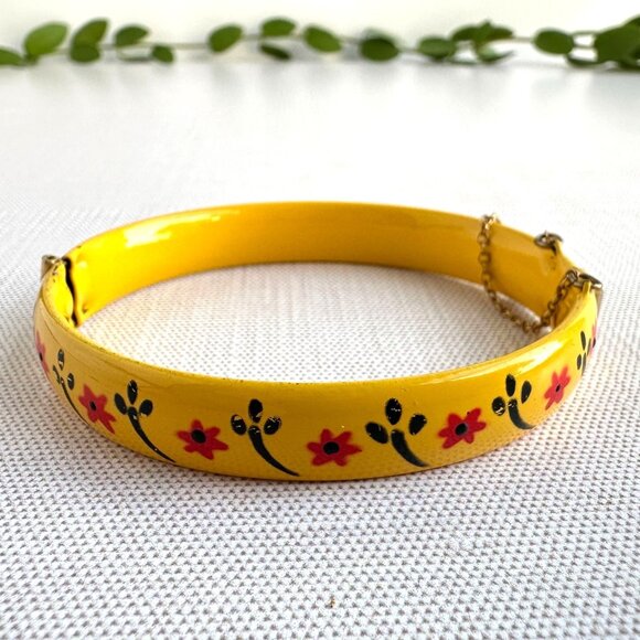 Yellow Enamel Folk Art Bangle with Flowers - Picture 2 of 10